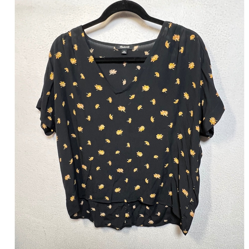 Madewell Central Drapey Shirt Black Yellow Floral Button Back V-Neck Top XXS